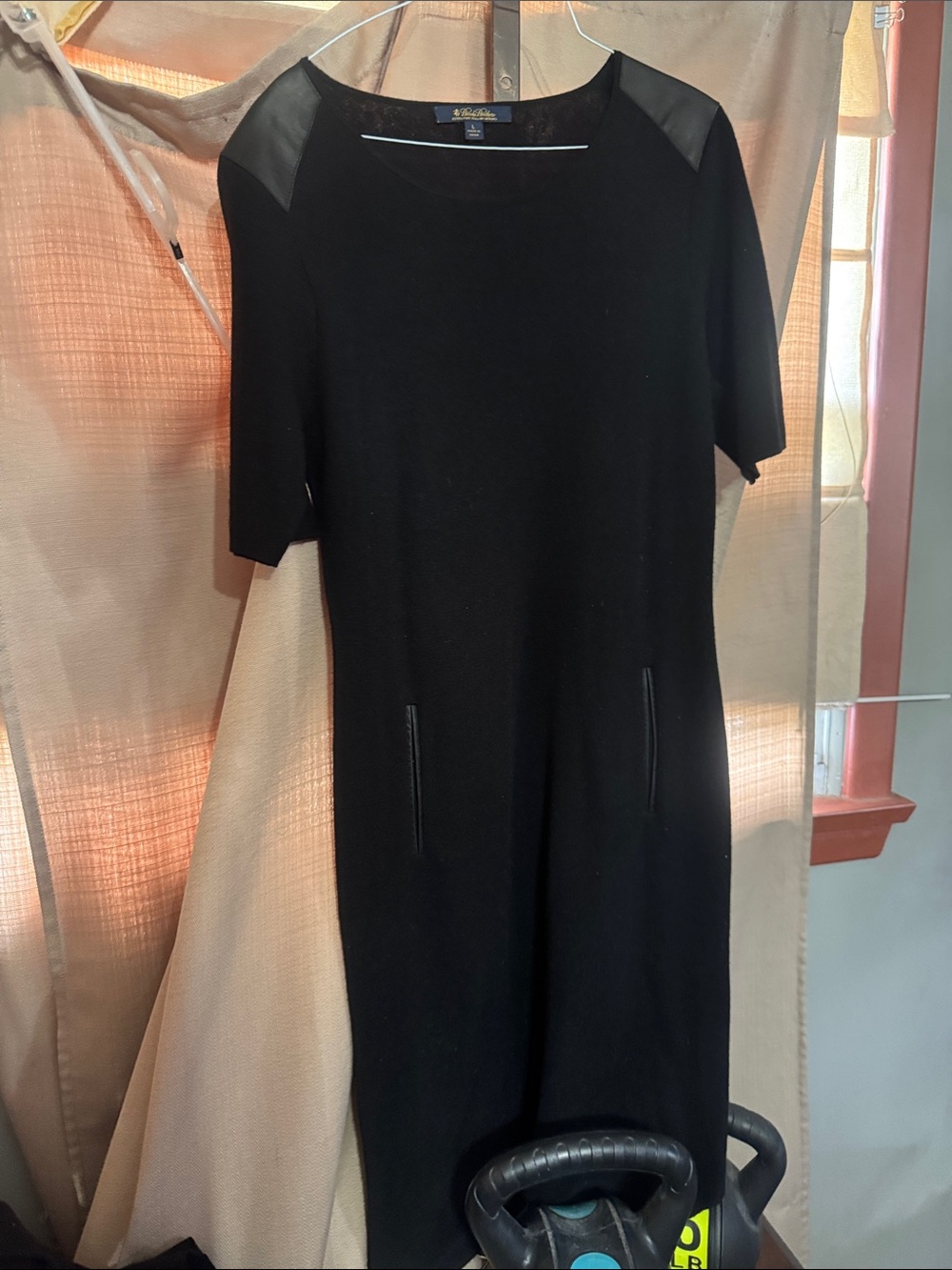 Brooks Brothers Black Short-Sleeve Shift Dress with Faux-Leather Accents